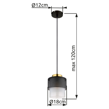 Závesné svietidlo, kov čierny, sklo satinované, priehľadné, kov mosadznej farby, textilný kábel čier 18