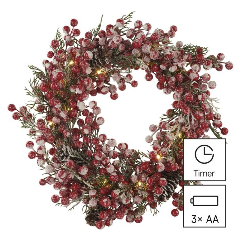 LED zdobený vianočný veniec – 38 cm, 3x AA, vnútorný, teplá biela, časovač 4