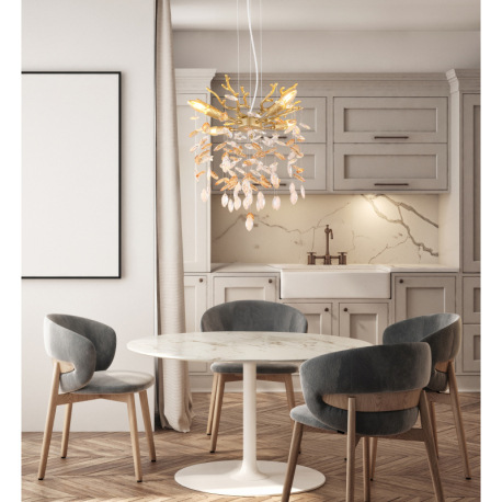 Závesné svietidlo, kov zlatej farby matný, sklenené krištále jantárové, číre, kábel PVC, výškovo nas 1