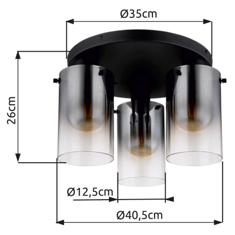 Stropné svietidlo, kov čierny, sklo dymové, priehľadné, ø: 405 mm, V: 260 mm, bez žiaroviek 3xE27, m 6