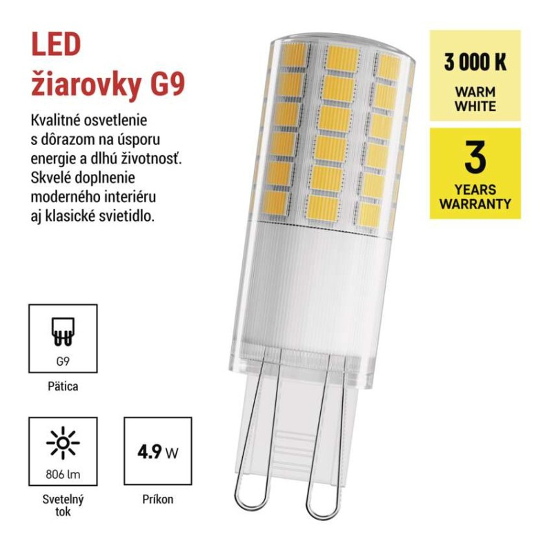 LED žiarovka Classic JC / G9 / 4,9 W (60 W) / 806 lm / Teplá biela