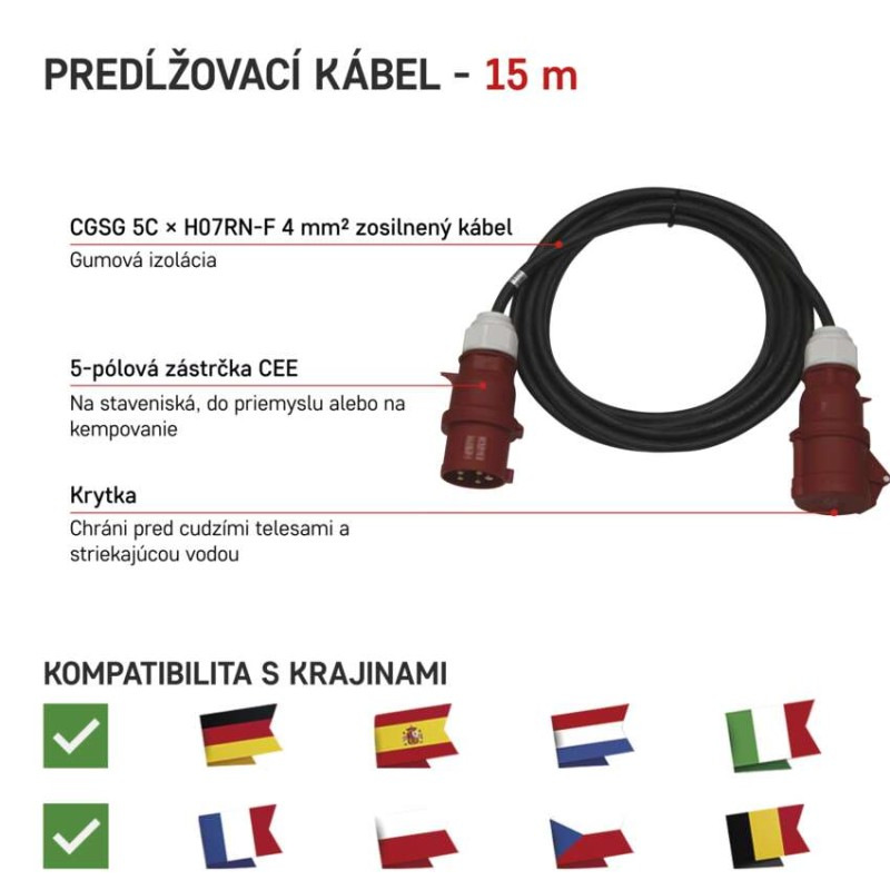 3 fázový vonkajší predlžovací kábel 15 m / 1 zásuvka / čierny / guma / 400 V / 4 mm2 1