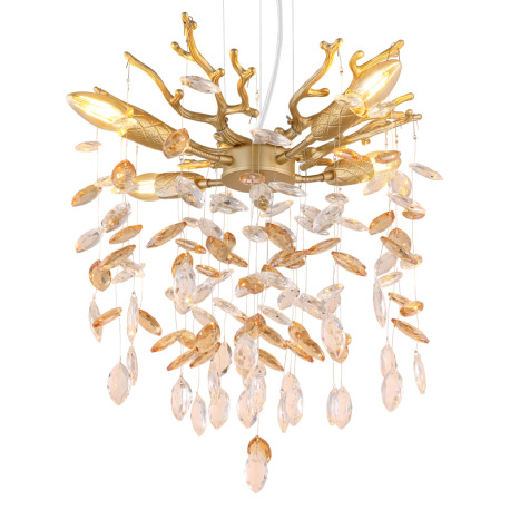 Závesné svietidlo, kov zlatej farby matný, sklenené krištále jantárové, číre, kábel PVC, výškovo nas 10