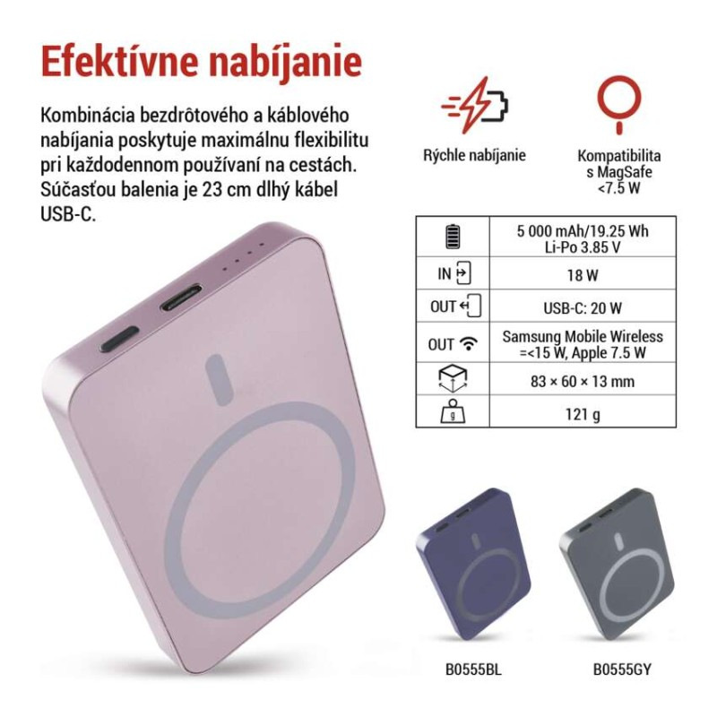 Power bank EMOS WI 522, 5 000 mAh, 20 W+Wireless, lososová 4