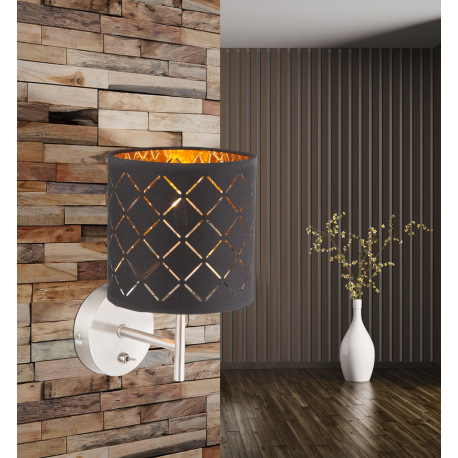 Nástenné svietidlo, kov nikel matný, textil čierny a zlatý, tienidlo s ozdobným dierovaním, vypínač, 1