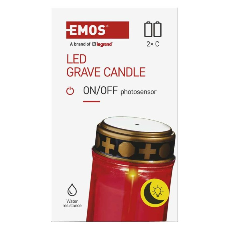 LED náhrobná sviečka červená, 2x C, vonkajšia aj vnútorná, teplá biela, senzor 7