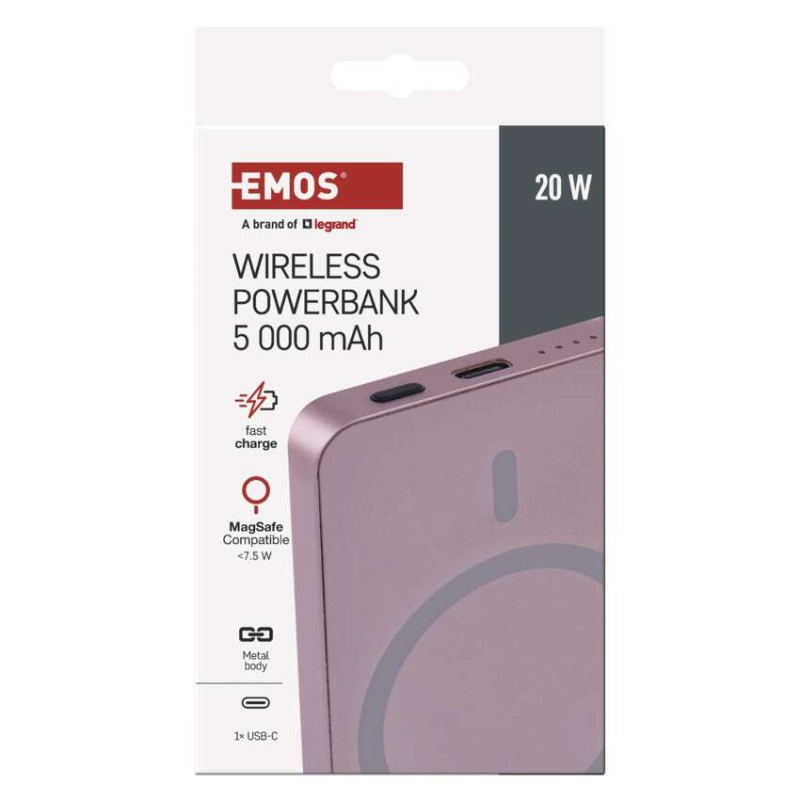 Power bank EMOS WI 522, 5 000 mAh, 20 W+Wireless, lososová 12