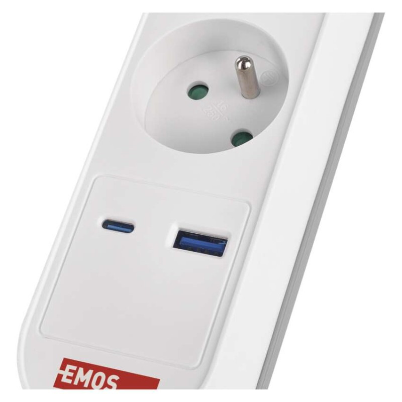 Predlžovací kábel 3 m / 5 zásuvky / s vypínačom / bielo-sivý / 1×USB-A + 1×USB-C / 1,5 mm2 5