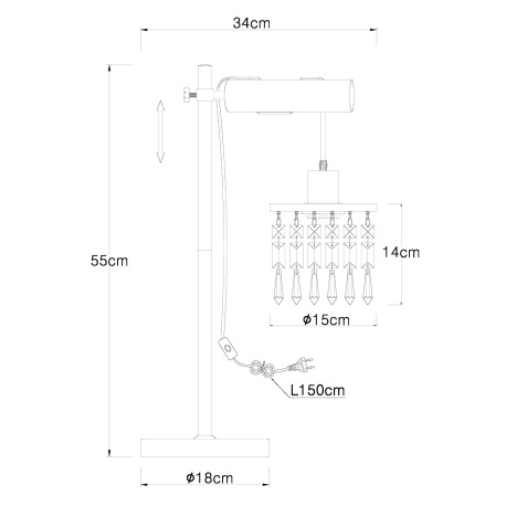 Stolová lampa, mosadz, drevo čierne, sklenené krištále, textilný kábel hnedý, s vypínačom na kábli, 18
