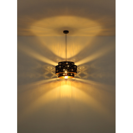 Závesné svietidlo, kov čierny, textil čierny, akrylové krištále priehľadné, tienidlo z vnútra zlaté, 4