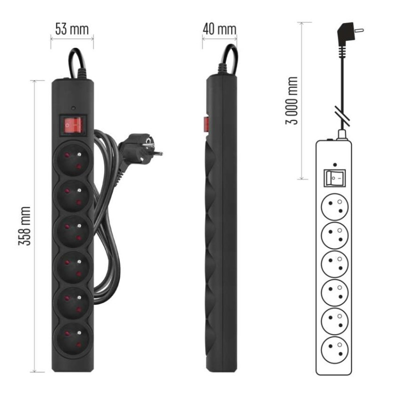 Prepäťová ochrana – 6 zásuviek, 3 m, čierna 10