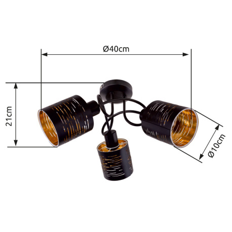Stropné svietidlo, kov čierny, plast čierny a zlatý, Ø400, V:210, bez žiaroviek 3xE14, max. 15W 230V 6