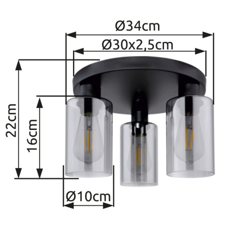 Stropné svietidlo, kov čierny, dymové sklo, Ø 340, V: 220, bez žiaroviek 3xE27, max. 60W 230V 6