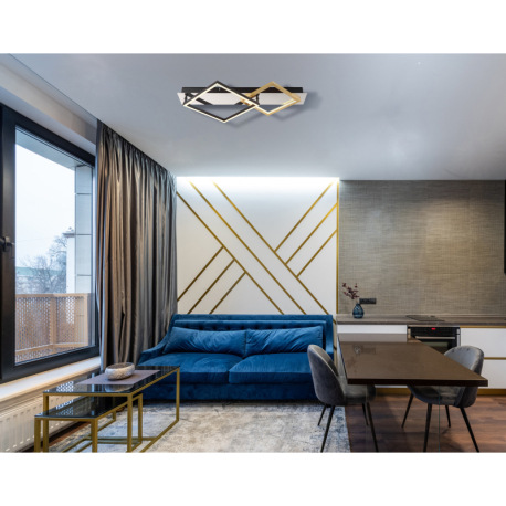 Stropné svietidlo, kov chróm, kov čierny matný, brúsený hliník zlatej farby, plast biely, DxŠxV: 590 8