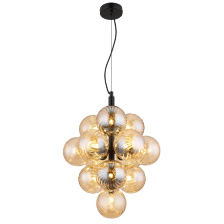 Závesná lampa, matný čierny kov, jantárové sklenené gule, čierny PVC kábel, výškovo nastaviteľná, ø: