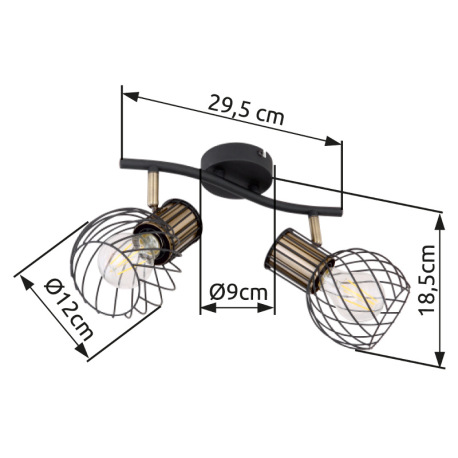 Nástenné svietidlo, kov čierny, mosadzný, DxŠxV: 296x230x185, bez žiaroviek 2xE27, max. 40W 230V 9