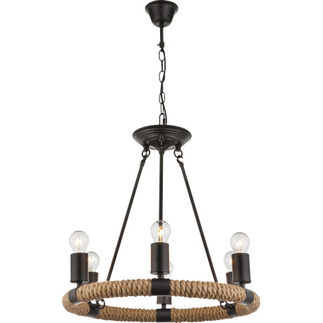 Závesné svietidlo, kov, čierna, hnedé konopné lano, Ø: 500, V: 1260, bez žiaroviek 6xE27, max. 40W 2