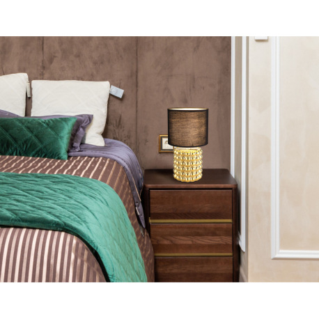 Stolná lampa keramická zlatej farby, textil čierny, kábel PVC čierny, kolískový vypínač na kábli, ø: 1