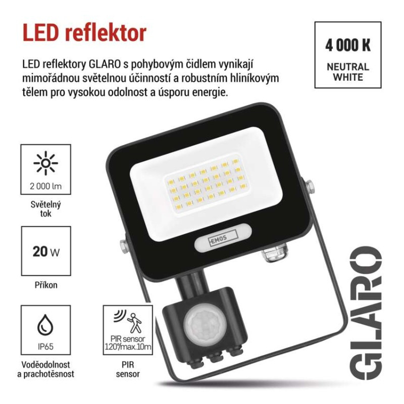 LED reflektor GLARO s pohybovým čidlom, 20 W, čierny, IP54, 2000 lm, neutrálna biela 6