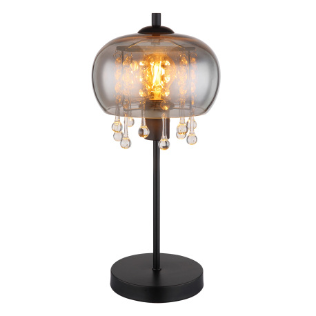 Stolová lampa, kov čierny matný, sklo dymové, sklenené krištále priehľadné, kábel textil čierny, kol