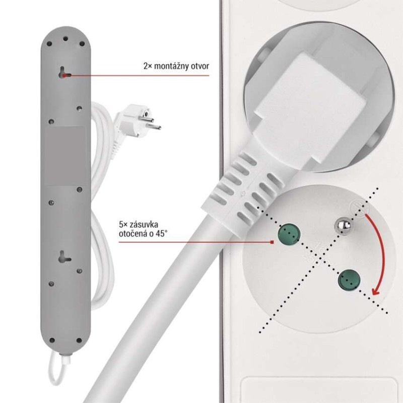 Predlžovací kábel 3 m / 5 zásuvky / s vypínačom / bielo-sivý / 1×USB-A + 1×USB-C / 1,5 mm2 4