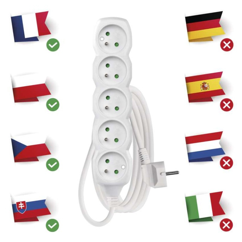 Predlžovací kábel 3 m / 5 zásuviek / biely / PVC / 1,5 mm2 1