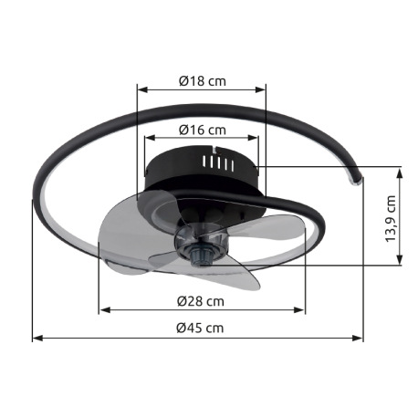 Stropný ventilátor, kov čierny/hliník čierny matný, plast biely/dymový, stmievateľný, niekoľko úrovn 12