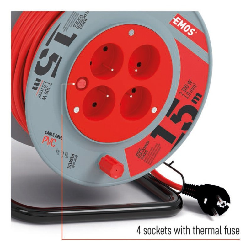 Predlžovací kábel na bubne 15 m / 4 zásuvky / červený / PVC / 230 V / 1 mm2 2