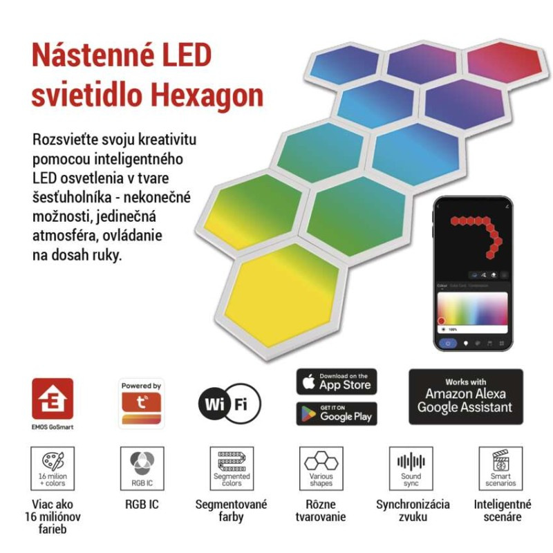 GoSmart LED svietidlo Hexagon, štartovací sada, 10 dielov, 19 W, RGBIC stmievateľné, WiFi 1