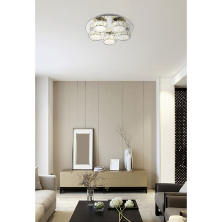 Stropné svietidlo, kov chróm, kryštál K5 priehľadný, akryl satinovaný, stmievateľné, Ø400, V:110, vr 4