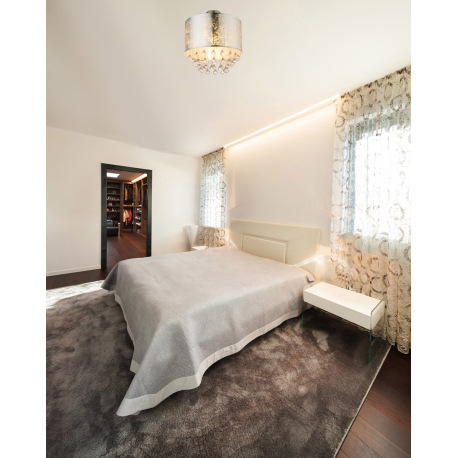 Stropné svietidlo, kov nikel matný, textil strieborný, akrylové krištále priehľadné, Ø400, V:380, be 1