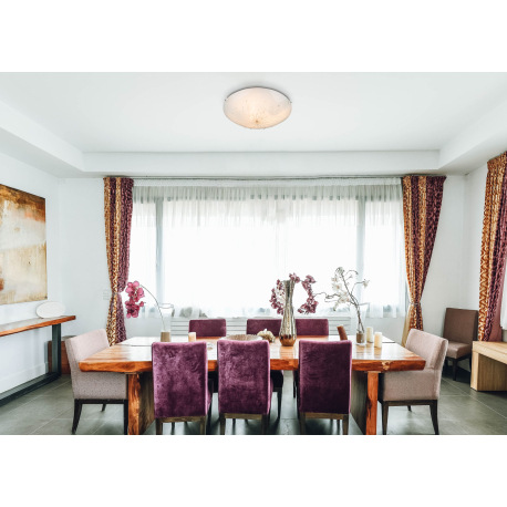 Stropné svietidlo, kov biely, chróm, satinované sklo, dekoračné kamienky, priehľadné ozdobné linky, 1