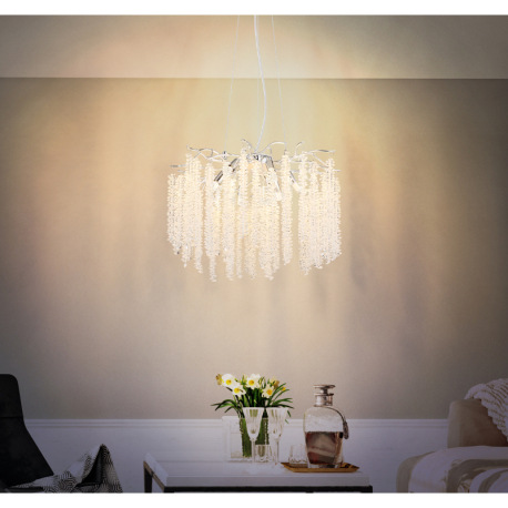 Závesné svietidlo, kov chróm, pochrómovaný hliník, číre plastové krištále, priehľadný PVC kábel, výš 2