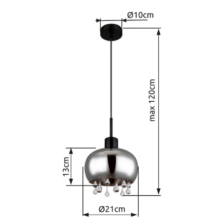 Závesné svietidlo, kov čierny matný, sklo dymové, sklenené krištále priehľadné, textilný kábel čiern 14