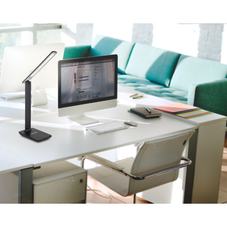 Stolová lampa, čierny plast, imitácia kože, vypínač, fixácia farieb, dotykový stmievač, DxŠxV: 420x1 9