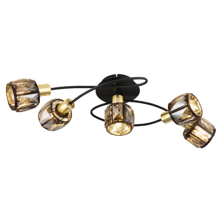 Stropné svietidlo, kov čierny, kov zlatý, sklenené krištále dymové, DxŠxV:615x360x210mm, bez 5x E14, 4