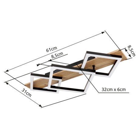 Stropné svietidlo, kov čierny matný, MDF so vzhľadom dreva, plast čierny matný, plast biely, DxŠxV: 8