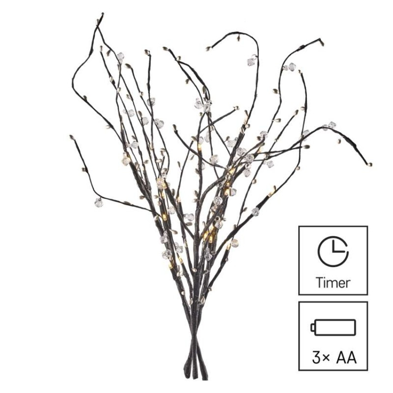 LED vetvička s perlami, 60 cm, 3x AA, vnútorná, teplá biela, časovač 5