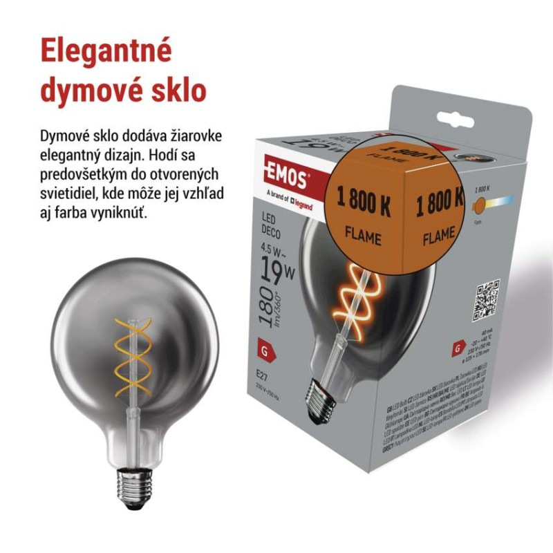 LED žiarovka DECO SMOKED G125 / E27 / 4,5 W (19 W) / 180 lm / flame 2