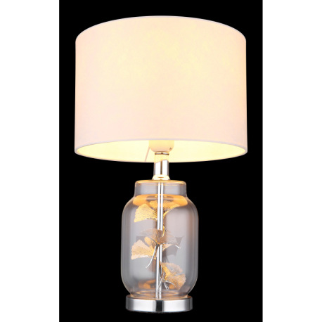 Stolové svietidlo, kov chróm, sklo priehľadné, biely textil, biely plast, priehľadný PVC kábel, kolí 5