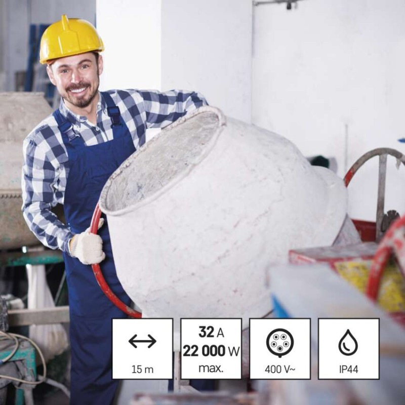 3 fázový vonkajší predlžovací kábel 15 m / 1 zásuvka / čierny / guma / 400 V / 4 mm2 3