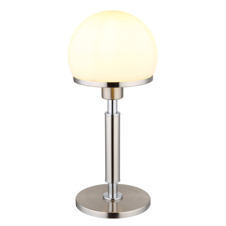 Stolové svietidlo, kov nikel matný, kov chrómovaný, sklo biele, textilný kábel čierny, kolískový vyp