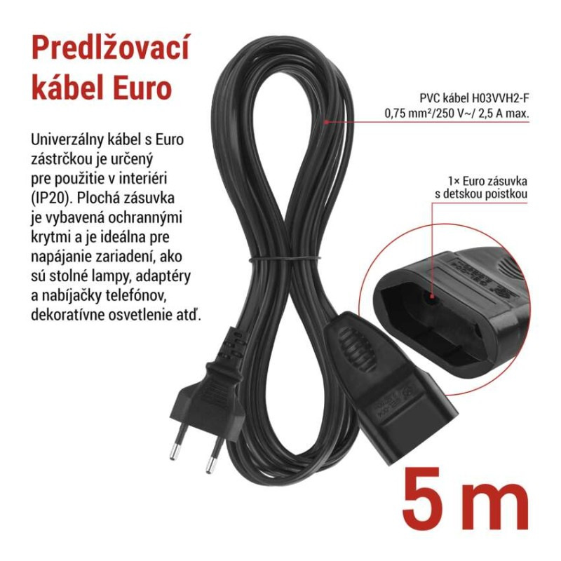 Dvojžilový pohyblivý prívod 5 m / 1 zásuvka / čierny / PVC / 0,75 mm2 3