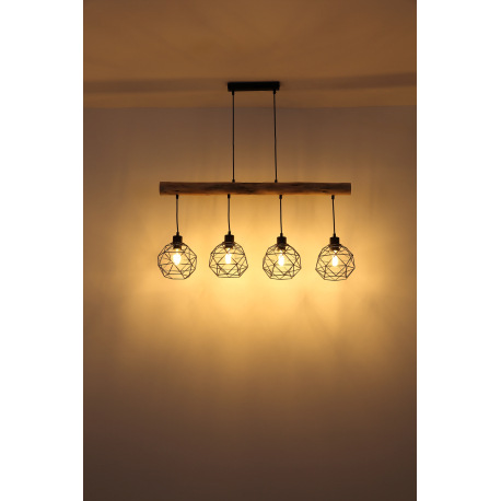 Závesné svietidlo, kov čierny matný, prírodné drevo, tienidlo - kovová mriežka, DxŠxV: 850x180x1200, 7