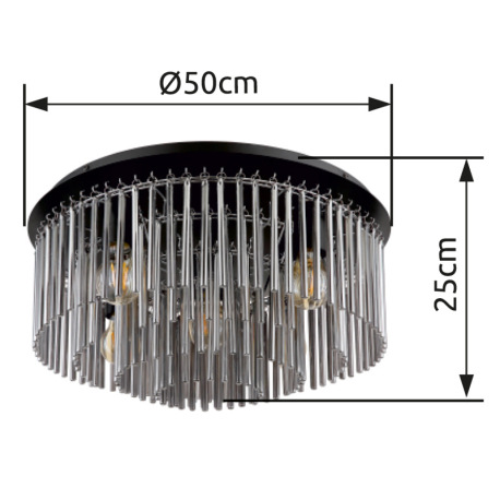 Stropné svietidlo, kov čierny, chróm, sklenené tyče dymovej farby, ø: 500 mm, V: 250 mm, bez žiarovi 6