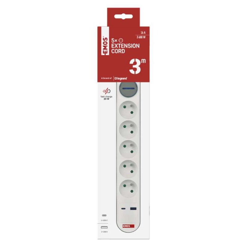 Predlžovací kábel 3 m / 5 zásuvky / s vypínačom / bielo-sivý / 1×USB-A + 1×USB-C / 1,5 mm2 1