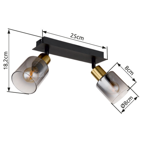 Nástenné svietidlo, kov čierny matný, kov zlatý matný, sklo dymové, priehľadné, DxŠxV: 250x80x182mm, 7