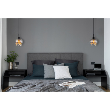 Závesné svietidlo, kov čierny matný, sklo dymové, sklenené krištále priehľadné, textilný kábel čiern 8