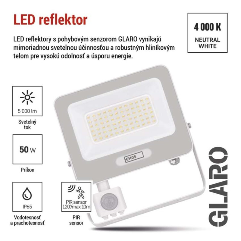 LED reflektor GLARO s pohybovým čidlom, 50 W, biely, IP54, 5000 lm, neutrálna biela 6