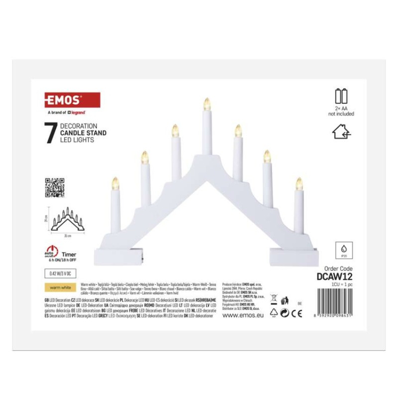 LED svietnik drevený biely, 29 cm, 2x AA, vnútorný, teplá biela, časovač 5